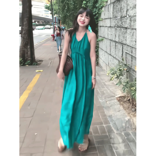 純欲性感大露背v領掛脖綁帶吊帶連衣裙女夏季拍照沙灘裙仙女長裙
