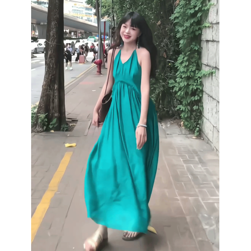 純欲性感大露背v領掛脖綁帶吊帶連衣裙女夏季拍照沙灘裙仙女長裙