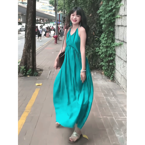 純欲性感大露背v領掛脖綁帶吊帶連衣裙女夏季拍照沙灘裙仙女長裙