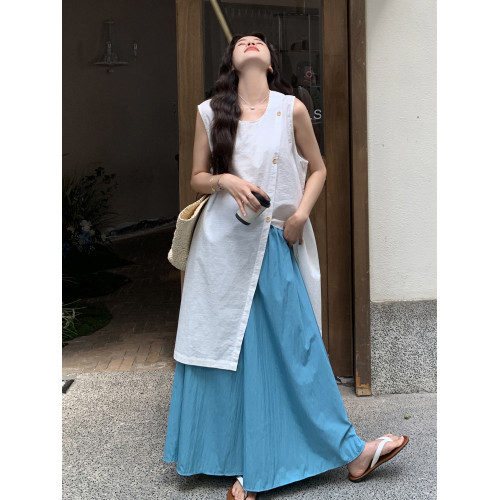 韓系開叉襯衣連衣裙濶腿褲女夏松弛感寬松顯瘦氣質上衣裙褲兩件套