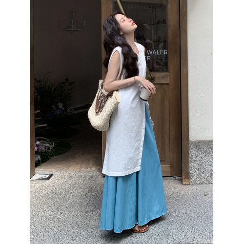 韓系開叉襯衣連衣裙濶腿褲女夏松弛感寬松顯瘦氣質上衣裙褲兩件套