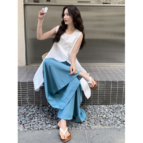 韓系開叉襯衣連衣裙濶腿褲女夏松弛感寬松顯瘦氣質上衣裙褲兩件套