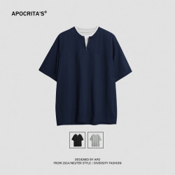 apo男裝 |簡約純色短袖男t恤夏季新款拉鍊寬松假兩件拼接上衣