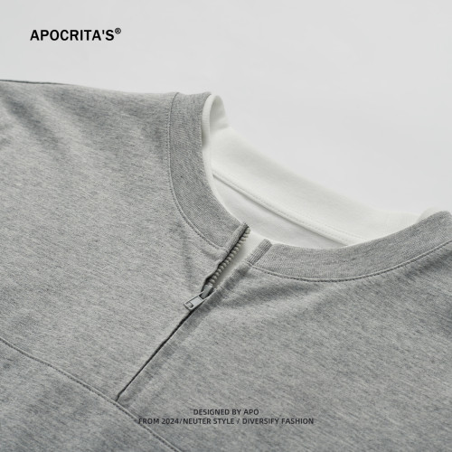 apo男裝 |簡約純色短袖男t恤夏季新款拉鍊寬松假兩件拼接上衣