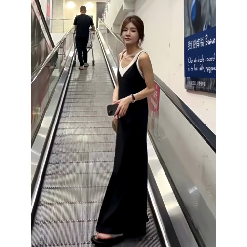 2025新款松弛感顯瘦體恤上衣收腰系帶顯瘦吊帶連衣裙兩件套女夏季
