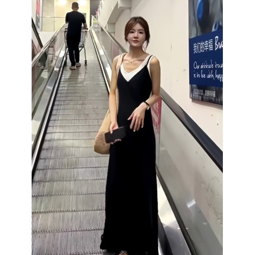 2025新款松弛感顯瘦體恤上衣收腰系帶顯瘦吊帶連衣裙兩件套女夏季