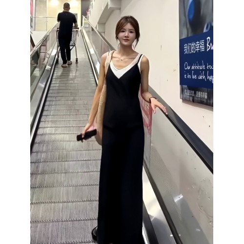 2025新款松弛感顯瘦體恤上衣收腰系帶顯瘦吊帶連衣裙兩件套女夏季