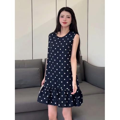 韓系高級感波點無袖背心連衣裙女2025夏季新款寬松顯瘦小個子短裙