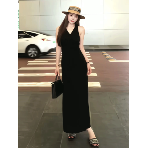 法式黑色V領系帶無袖連衣裙女2025夏季新款收腰顯瘦氣質包臀長裙