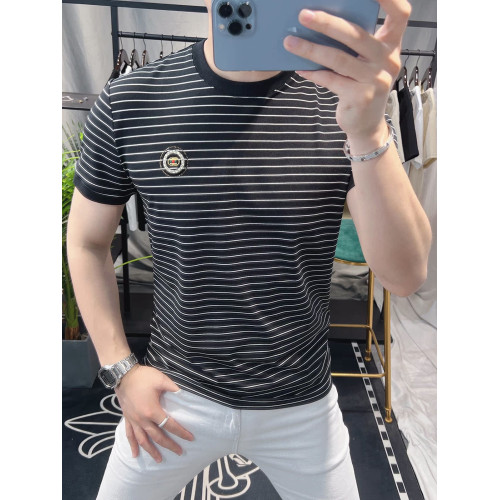 歐洲站滑料涼感條紋短袖男T恤2025夏季新款男裝潮流冰絲短袖t恤男