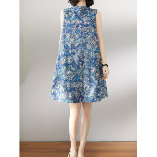 Basic House/百家好新中式印花無袖連衣裙女夏季媽媽裝印花背心裙