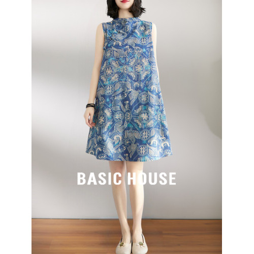 Basic House/百家好新中式印花無袖連衣裙女夏季媽媽裝印花背心裙
