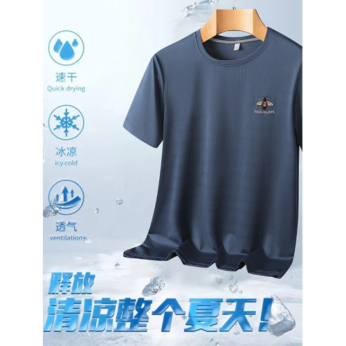 國潮刺綉小蜜蜂冰絲短袖男T恤夏季輕薄透氣寬松休閒運動速乾上衣