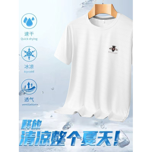 國潮刺綉小蜜蜂冰絲短袖男T恤夏季輕薄透氣寬松休閒運動速乾上衣