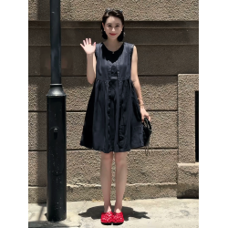 法式圓領無袖亞麻連衣裙女2025夏季新款小個子氣質顯瘦A字背心裙