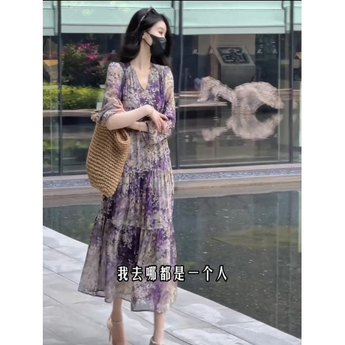 真絲連衣裙女夏2025新款十三行爆款女裝法式桑蠶絲薄紗度假長裙子
