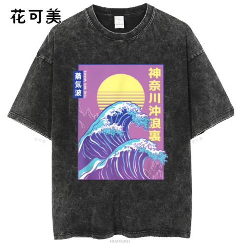 神奈川沖浪新款歐美潮牌搞笑創意滑稽卡通印花水洗做舊短袖男t恤