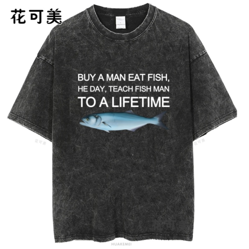 神奈川沖浪新款歐美潮牌搞笑創意滑稽卡通印花水洗做舊短袖男t恤