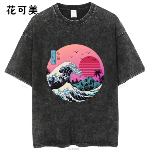 神奈川沖浪新款歐美潮牌搞笑創意滑稽卡通印花水洗做舊短袖男t恤