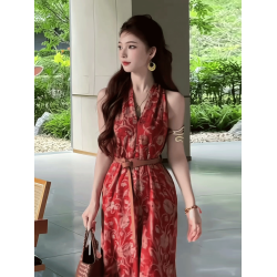 法式復古氣質印花無袖掛脖連衣裙女2025夏季新款高級感絕美長裙子