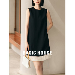 Basic House/百家好小香風黑色無袖背心連衣裙女夏季拼接A字短裙