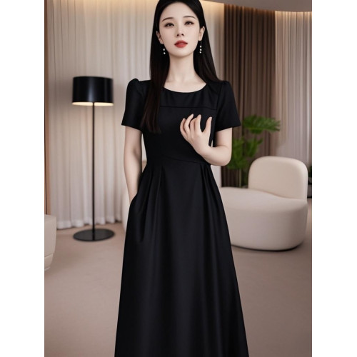 真絲連衣裙女夏2025新款今年流行爆款巨好看小衆黑色單層過膝裙子