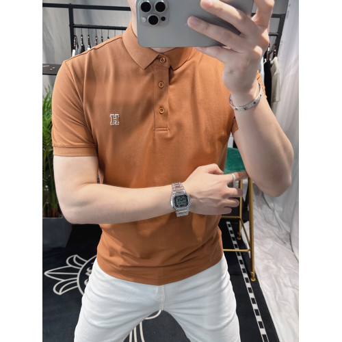 高級歐貨男T恤翻領歐洲站簡約潮流修身短袖polo衫男士上衣焦糖色