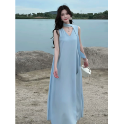藍色飄帶無袖連衣裙女2025新款夏日絕美法式V領海邊度假背心長裙