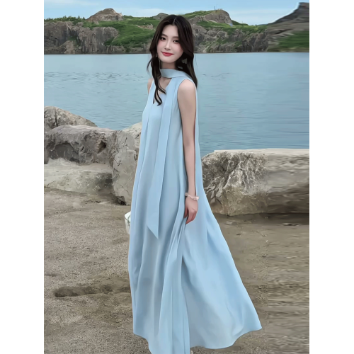藍色飄帶無袖連衣裙女2025新款夏日絕美法式V領海邊度假背心長裙