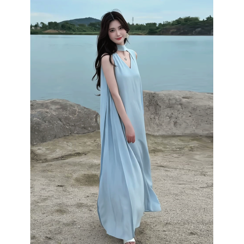 藍色飄帶無袖連衣裙女2025新款夏日絕美法式V領海邊度假背心長裙