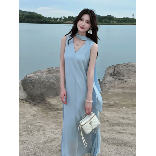 藍色飄帶無袖連衣裙女2025新款夏日絕美法式V領海邊度假背心長裙