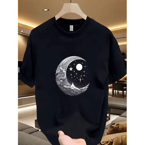 創意星月印花短袖男t恤2025夏季新款個性潮流半袖男休閒圓領上衣