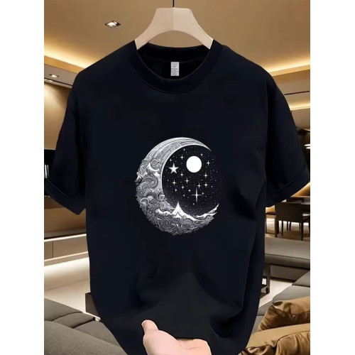 創意星月印花短袖男t恤2025夏季新款個性潮流半袖男休閒圓領上衣