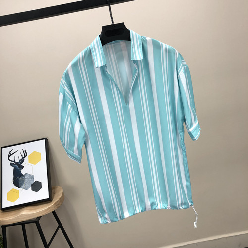 香港夏季七分袖襯衫短袖男t恤韓版潮流ins寬松襯衫領休閒五分中袖