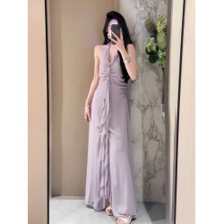法式溫柔荷葉邊V領掛脖連衣裙女2025年夏季新款溫柔氣質露背長裙