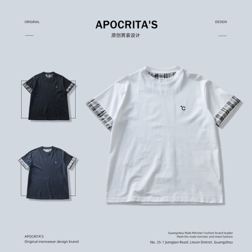 apo男裝 |新款夏季短袖男t恤潮牌拼接刺綉寬松內搭上衣打底衫