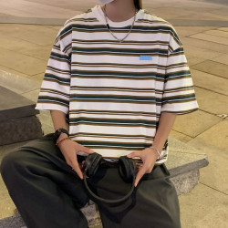 個性條紋短袖男t恤夏季韓版港風ins簡約休閒潮流百搭五分半袖體恤