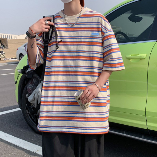 個性條紋短袖男t恤夏季韓版港風ins簡約休閒潮流百搭五分半袖體恤