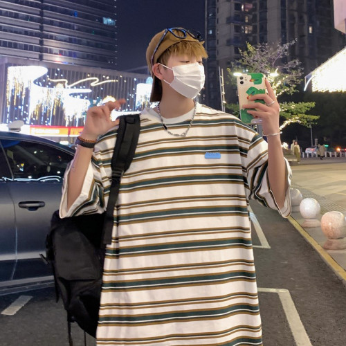個性條紋短袖男t恤夏季韓版港風ins簡約休閒潮流百搭五分半袖體恤