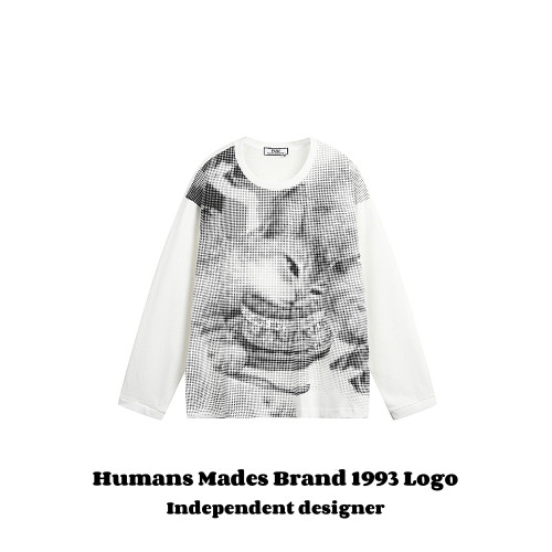 HumansMades！歐美貓咪印花長袖男T恤潮牌寬松休閒情侶打底衫上衣