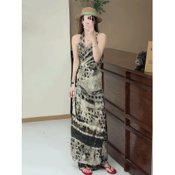法式復古暈染V領無袖掛脖連衣裙女夏季高級感氣質顯瘦綁帶長裙潮