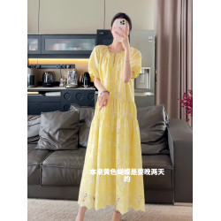 黃色泡泡袖蕾鏤空襯衫連衣裙設計感精緻仙女長裙女夏天海邊度假風