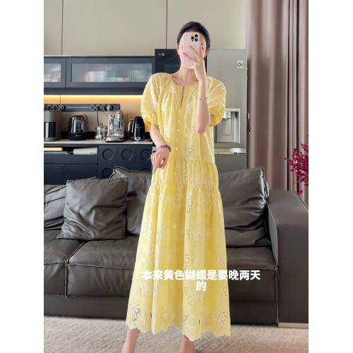 黃色泡泡袖蕾鏤空襯衫連衣裙設計感精緻仙女長裙女夏天海邊度假風
