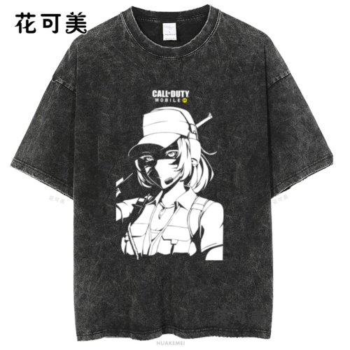 貓咪美少女新款夏季學生圓領寬松潮牌卡通印花水洗做舊短袖男t恤