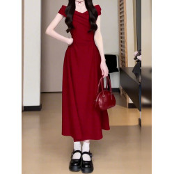 氣質一字肩紅色連衣裙子女夏季2025新款獨特漂亮掐腰無袖吊帶長裙