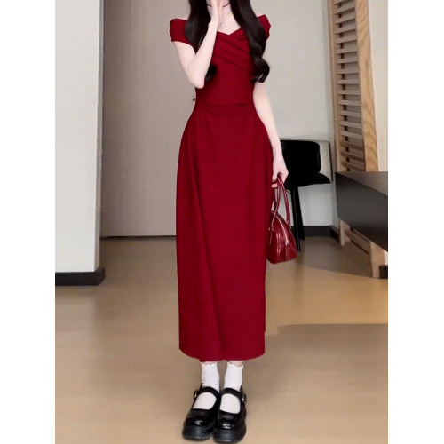 氣質一字肩紅色連衣裙子女夏季2025新款獨特漂亮掐腰無袖吊帶長裙