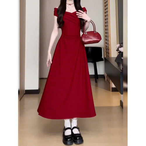 氣質一字肩紅色連衣裙子女夏季2025新款獨特漂亮掐腰無袖吊帶長裙
