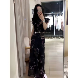 2025小個子顯高~黑色雪紡連衣裙小飛袖碎花長裙子垂感修身顯瘦ins