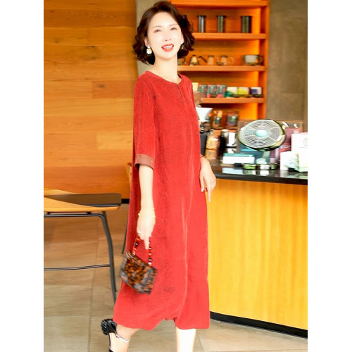 香雲紗真絲連衣裙女夏季高檔中老年媽媽桑蠶絲大碼婚宴禮服裙子