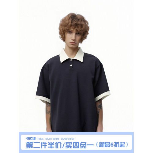DASONJRINCE*美式復古撞色假兩件高級感polo衫紐釦百搭寬松男T恤
